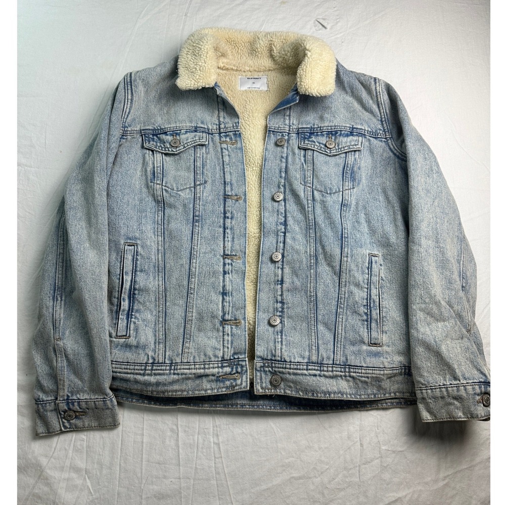Old Navy Mens XL Light Wash Denim Sherpa Lined Trucker Jacket Unisex Blue A-16